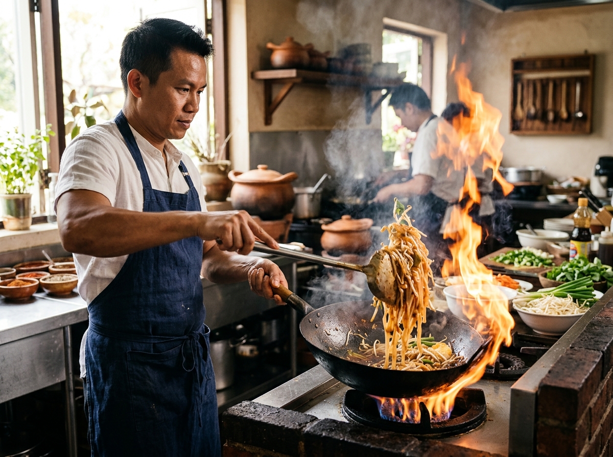 A chef tossing noodles high in a smoking wok with flames visible