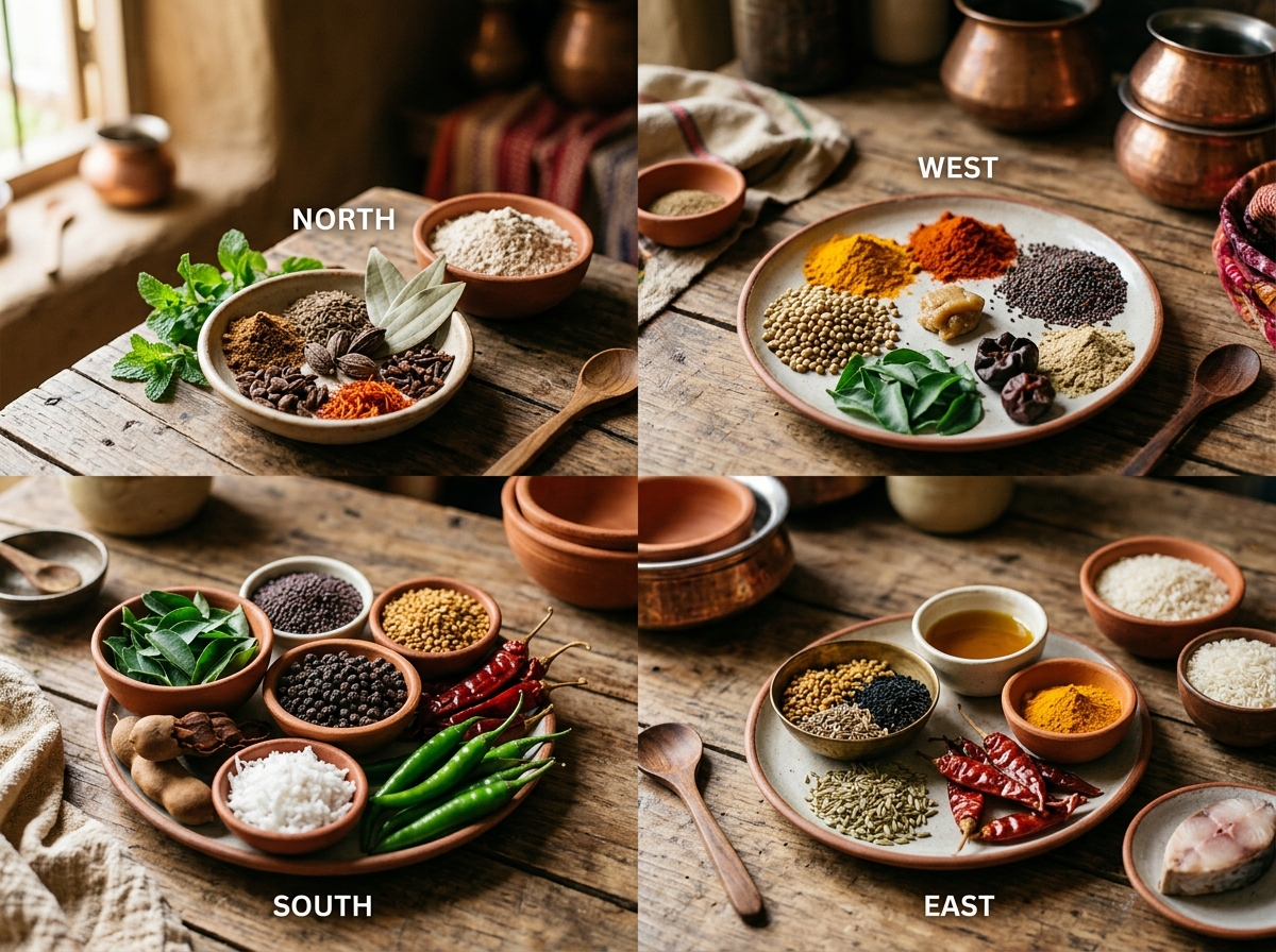 Traditional spices and ingredients from India's four major culinary regions