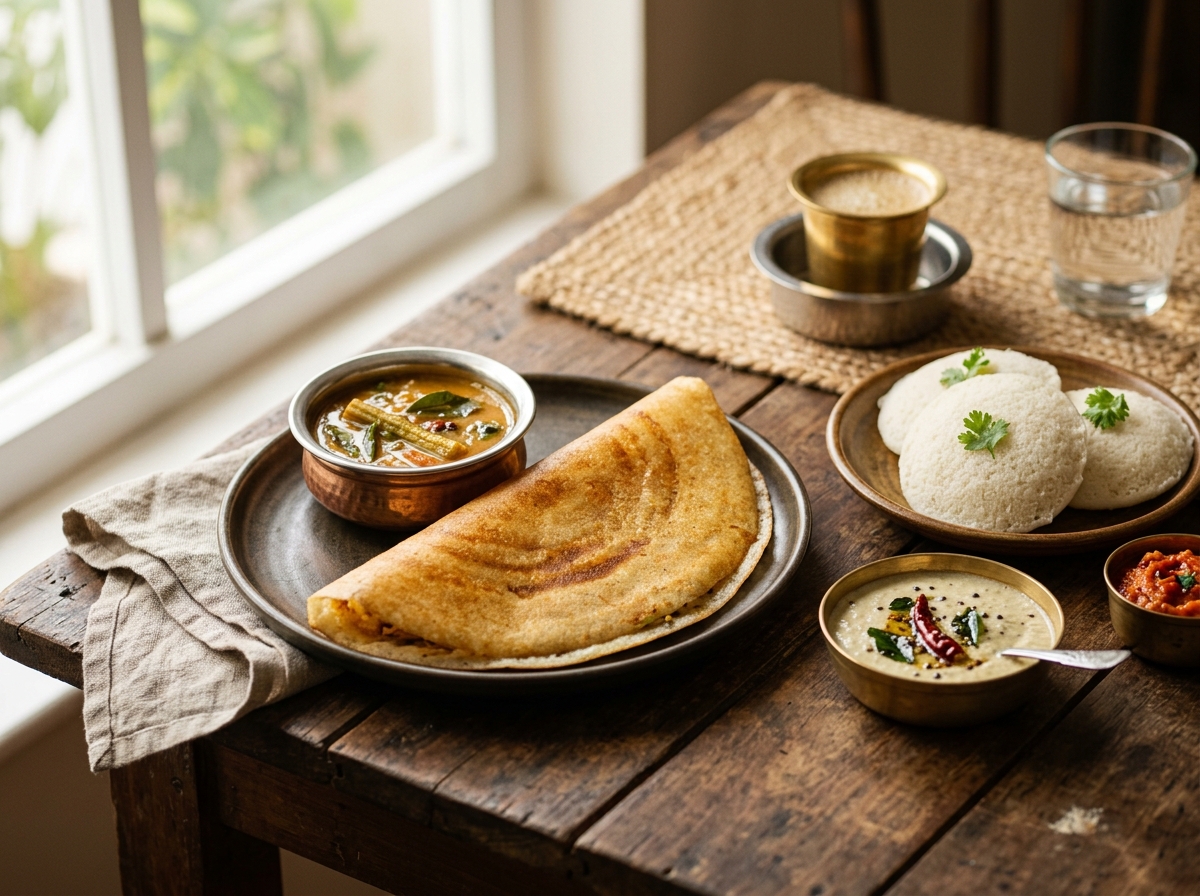 South Indian breakfast spread with dosa, idli, sambhar and coconut chutney