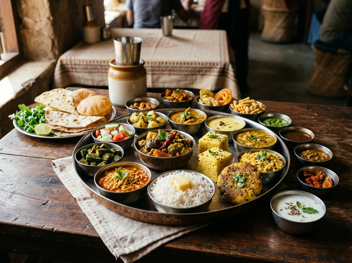 Gujarati thali showing variety of regional West Indian vegetarian dishes