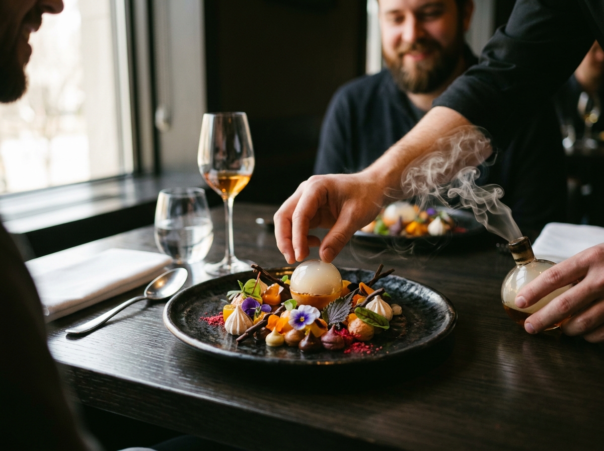 Theatrical molecular gastronomy presentation at Alinea