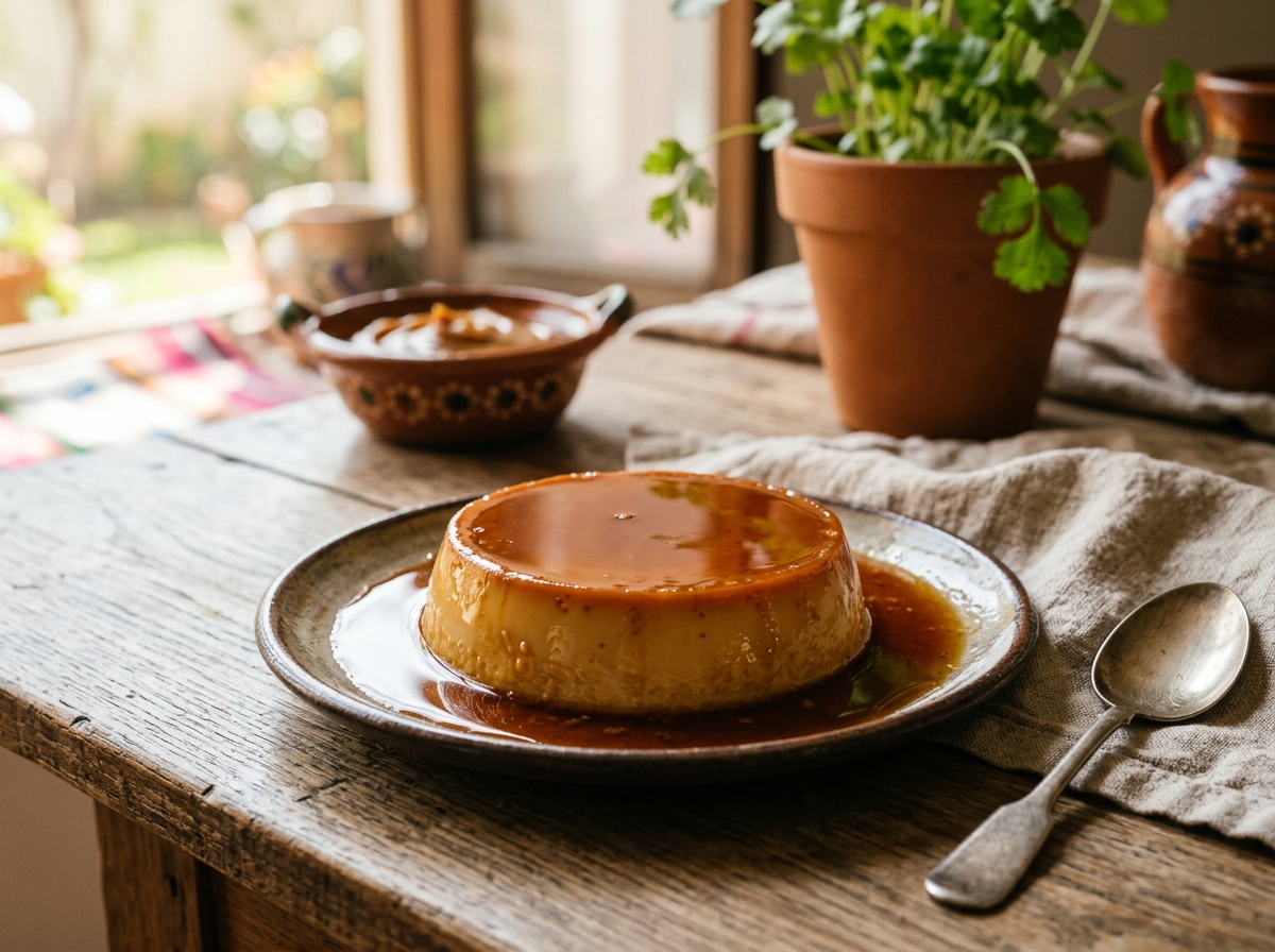 Classic flan cooling with golden caramel sauce