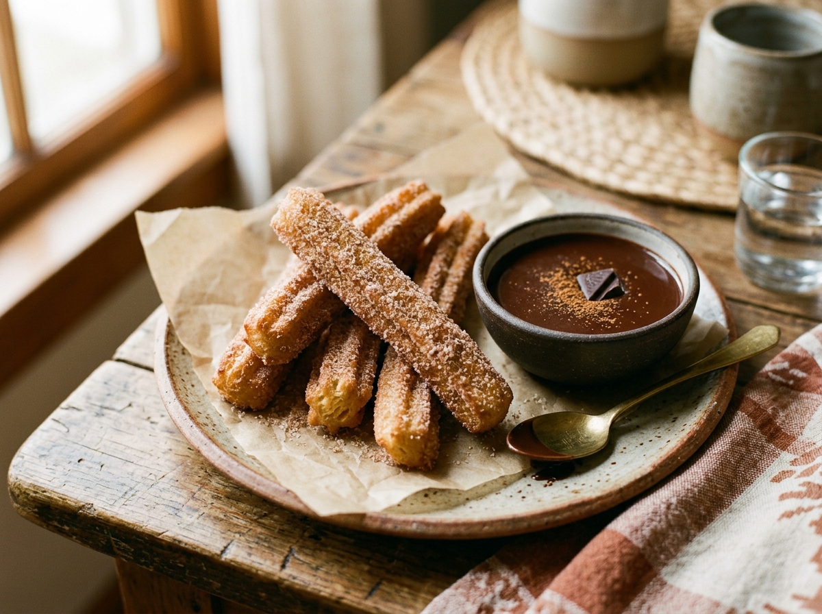 Fresh churros dusted with cinnamon sugar next to chocolate dipping sauce
