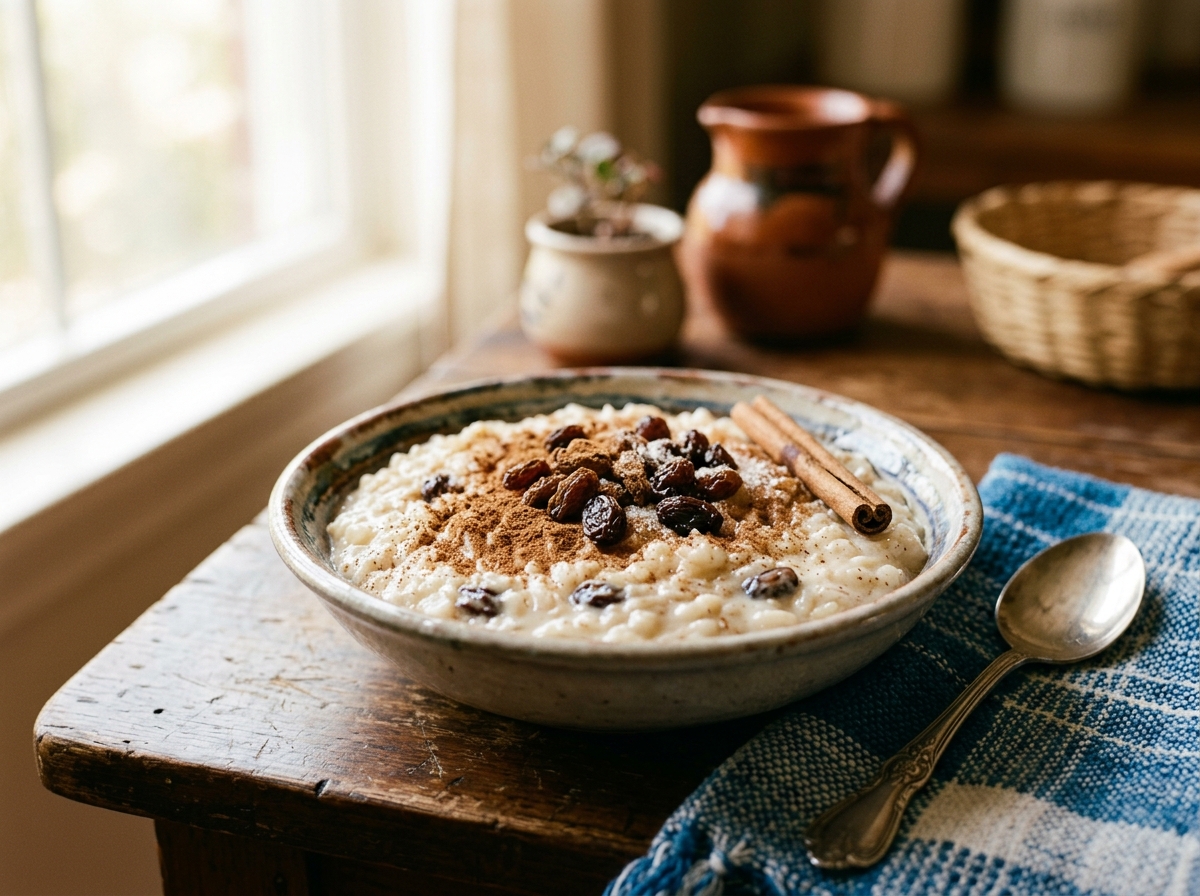 Traditional arroz con leche topped with cinnamon and raisins