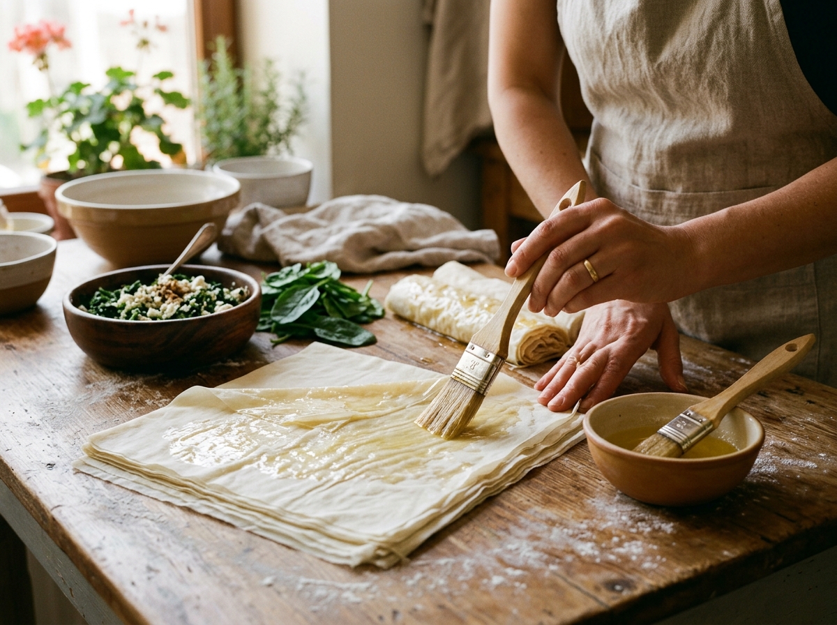 Phyllo sheets being brushed with melted butter for börek preparation
