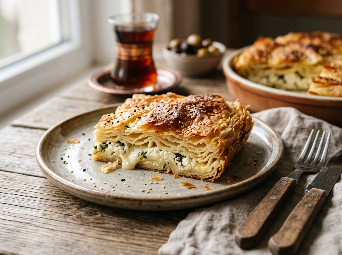 Layers of golden börek showing the flaky phyllo and creamy cheese filling