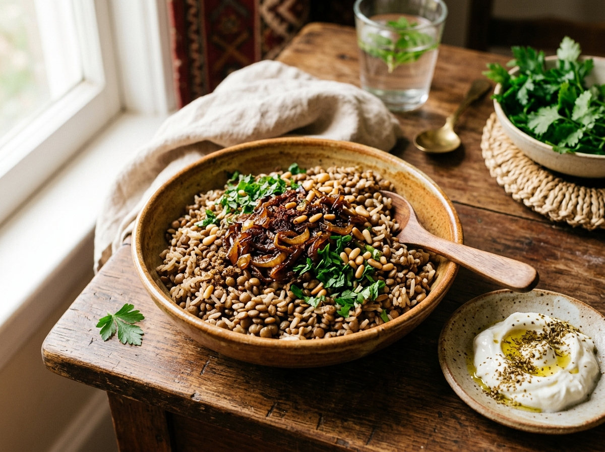Colorful bowl of mjadara with caramelized onions