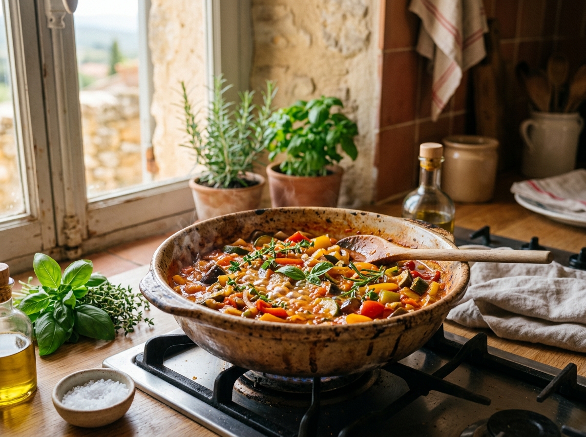 Traditional Provençal ratatouille simmering in rustic pan
