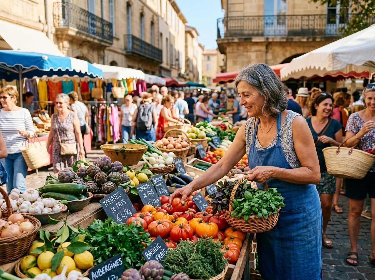 Bustling Provençal market with colorful produce displays