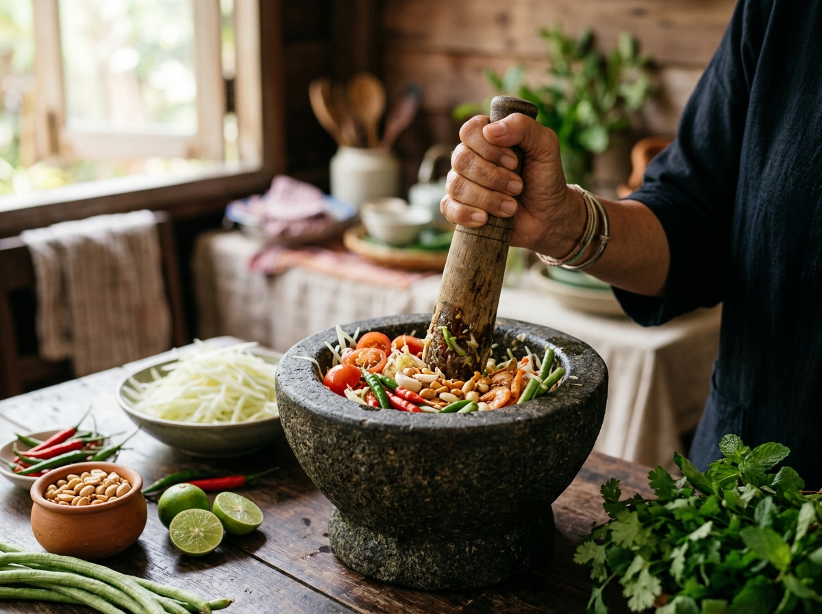 Fresh ingredients being pounded in traditional mortar and pestle