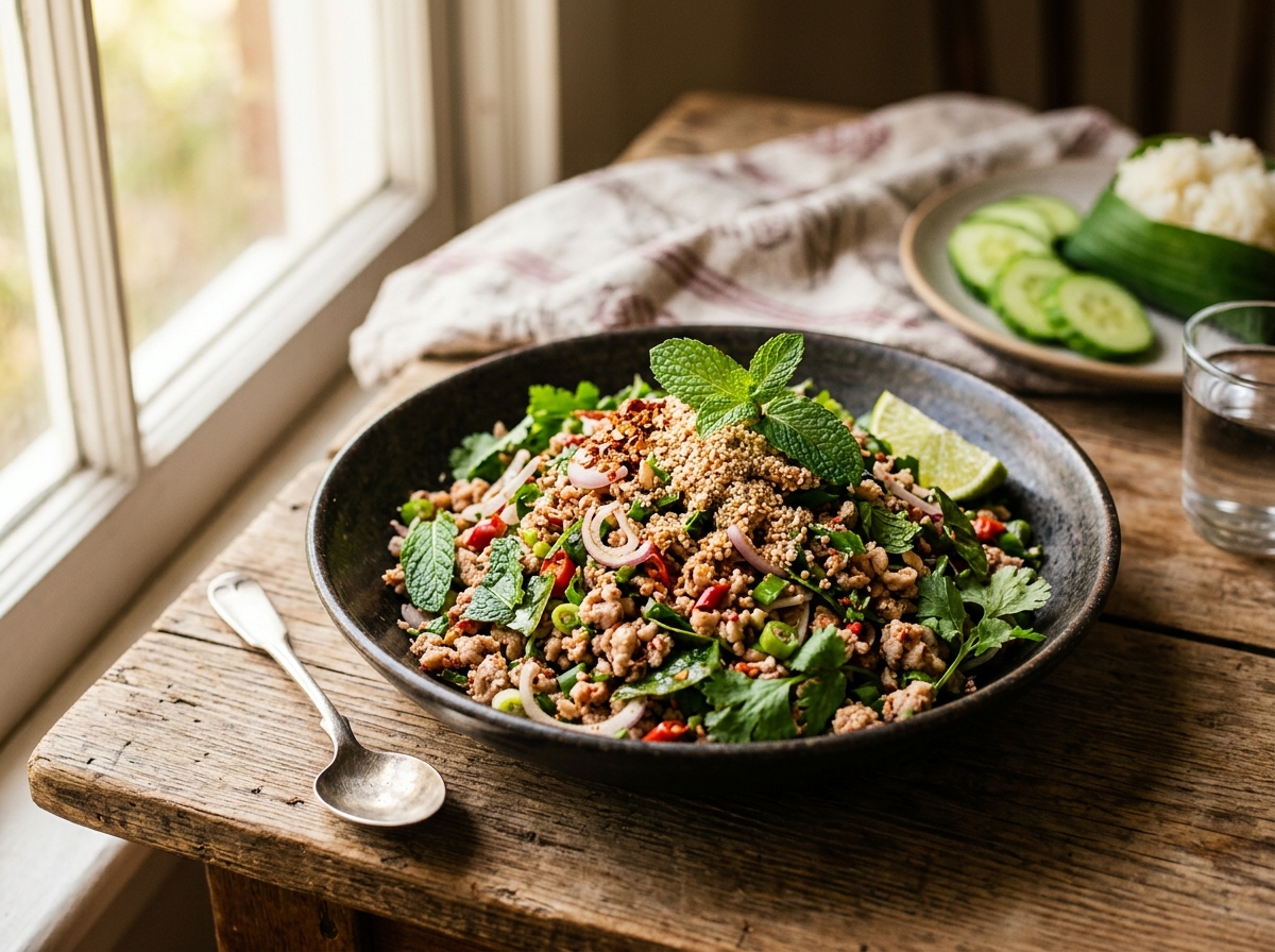 Colorful larb with fresh herbs and toasted rice powder