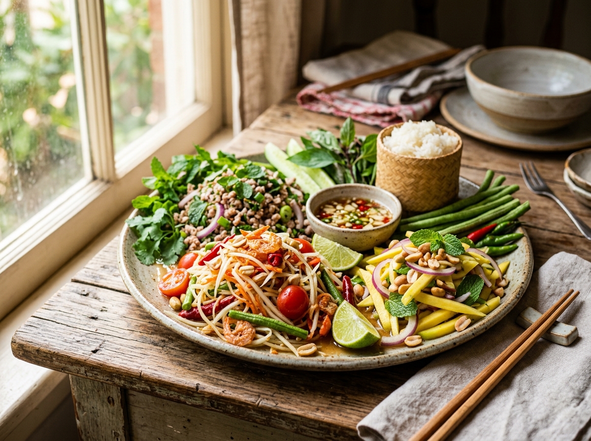 Finished Thai salad platter with various textures and colors