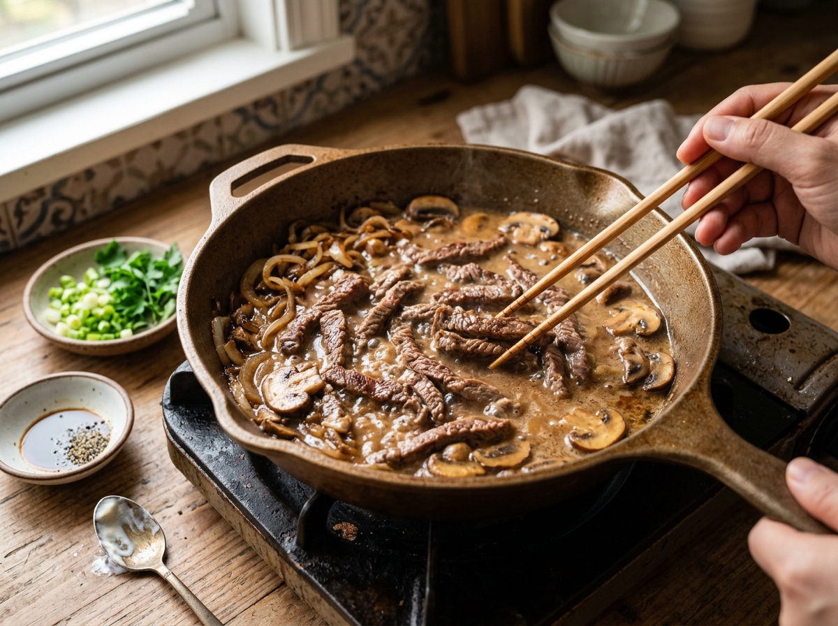 Tender beef strips searing in a hot pan