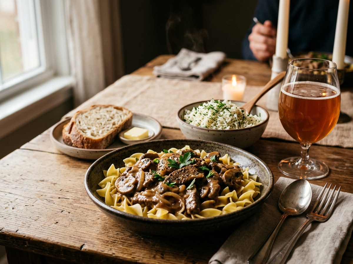 Creamy stroganoff served over egg noodles with fresh herbs