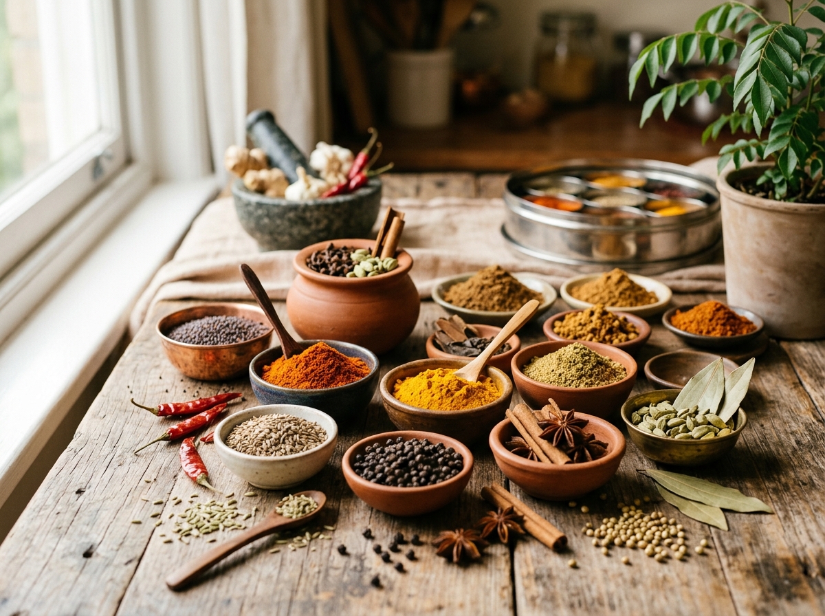 Various whole spices and ground masalas essential for vegetarian Indian cooking