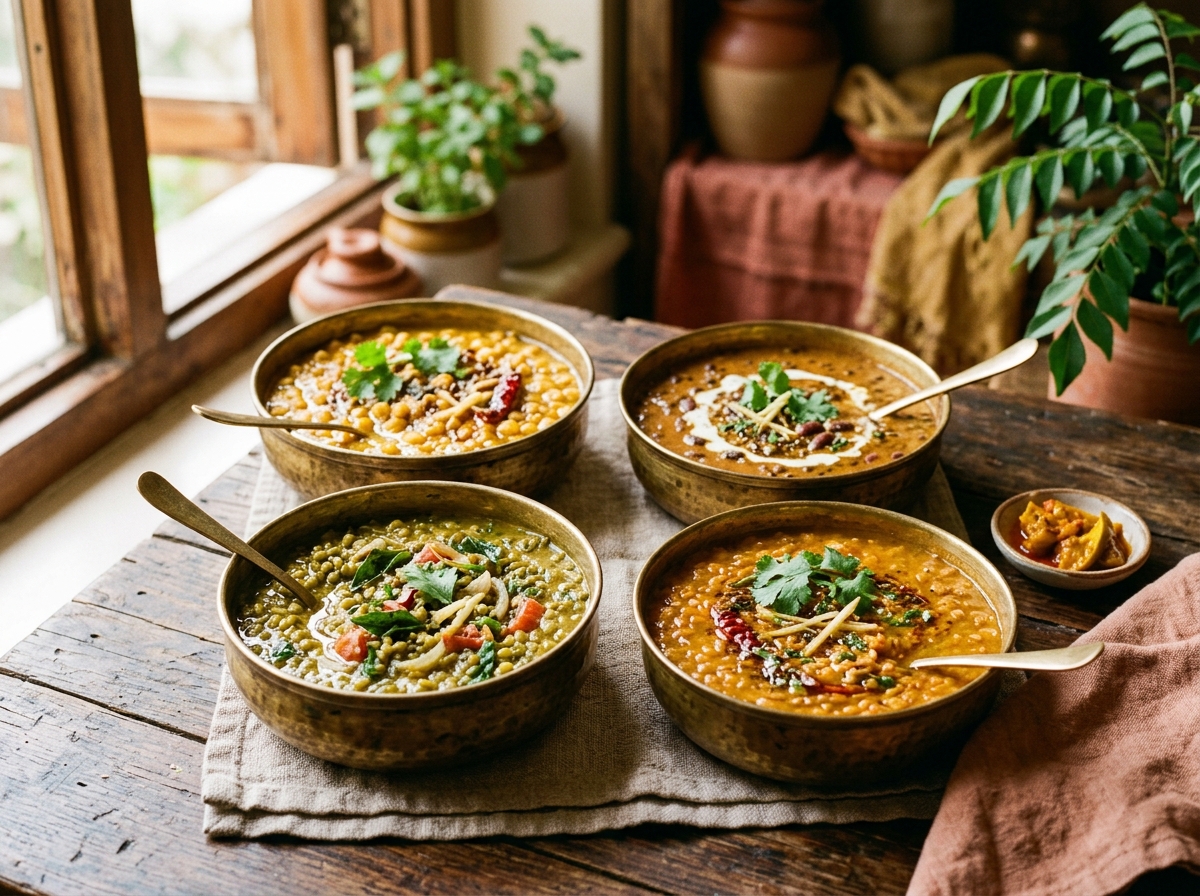 Traditional brass bowls filled with different types of dal and legumes