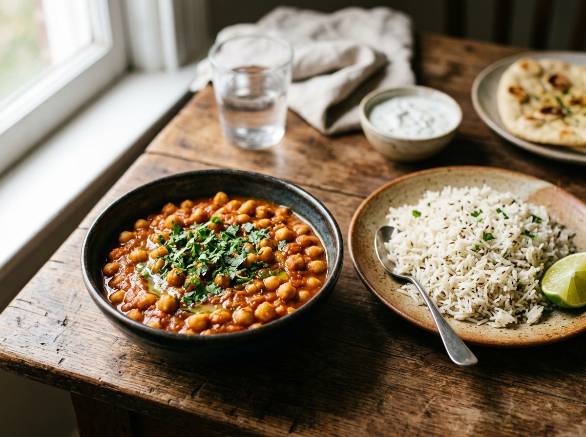 Finished chana masala garnished with fresh cilantro and served with rice