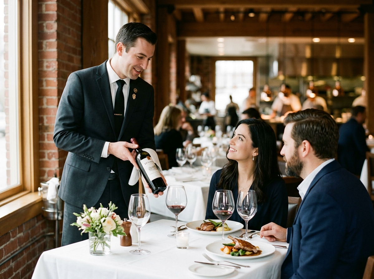 Sommelier presenting wine selection to guests at fine dining table