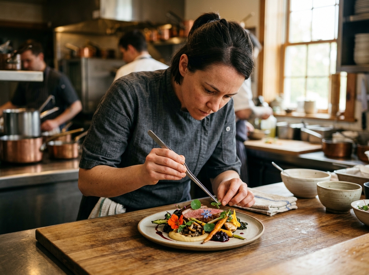 Chef plating an intricate dish with artistic precision in restaurant kitchen