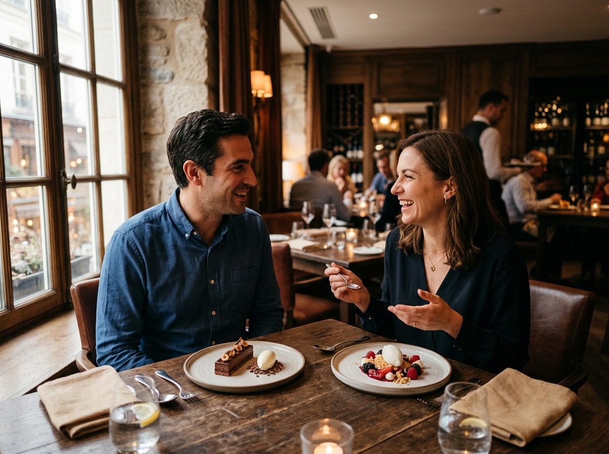 Guests enjoying an intimate conversation over dessert in upscale restaurant setting
