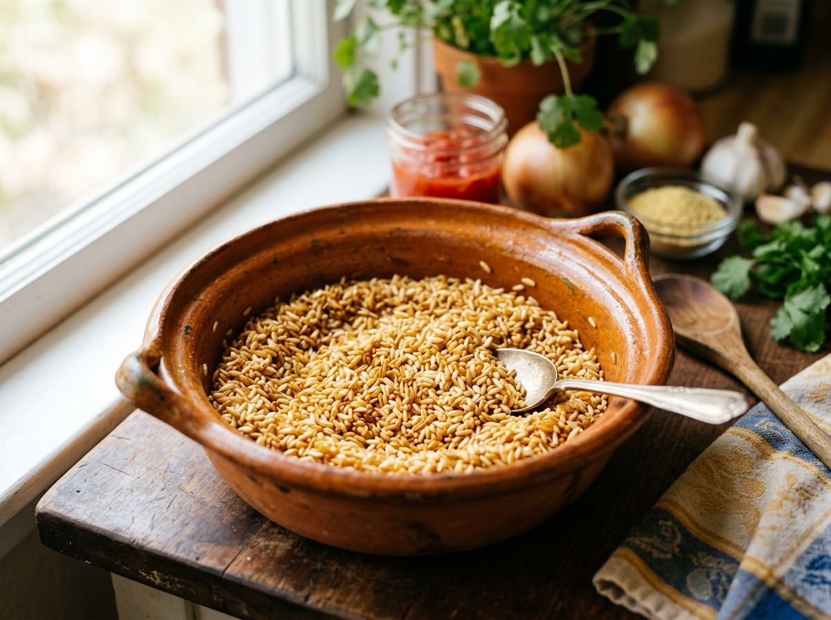 Golden toasted rice kernels ready for liquid
