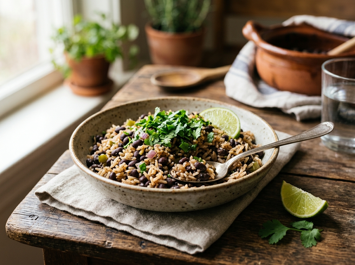 Black beans and rice with fresh cilantro and lime