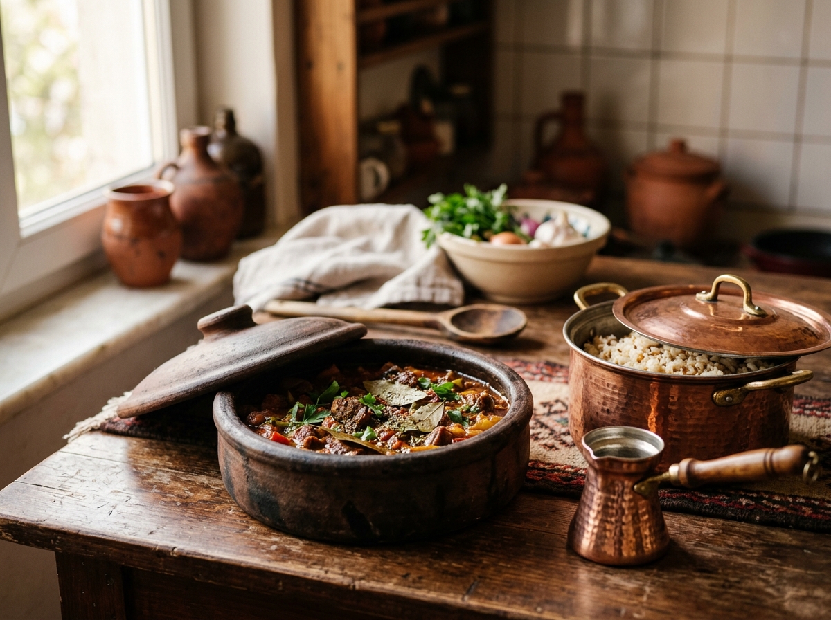 Traditional Turkish clay cooking pots and copper vessels