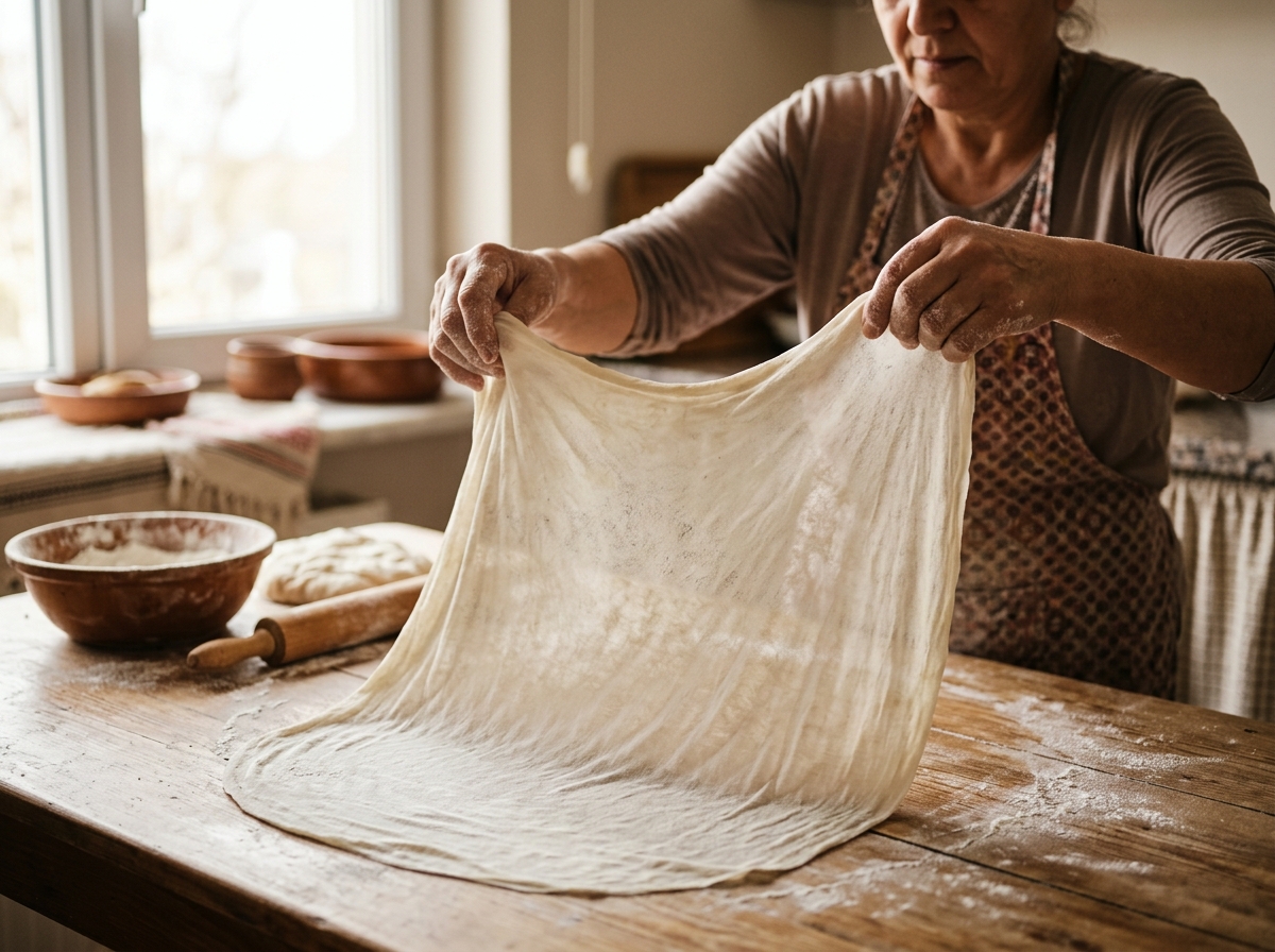 Hands stretching traditional yufka pastry dough paper-thin