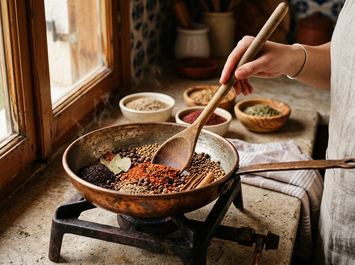 Traditional Turkish spices being toasted in copper pan