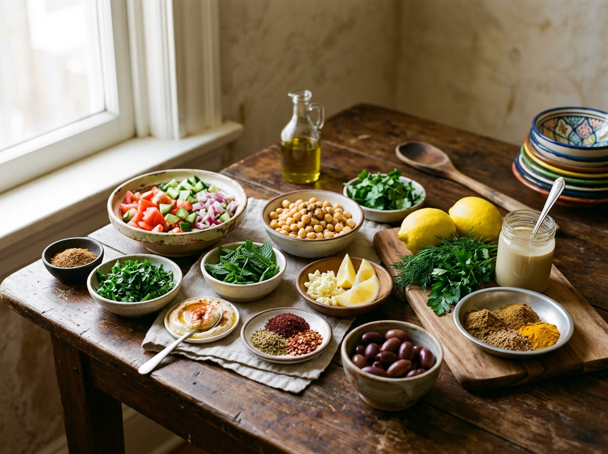 Fresh ingredients arranged for quick Middle Eastern cooking