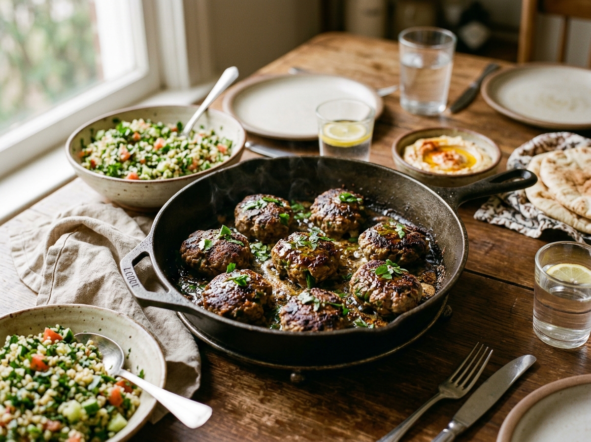 Sizzling kofta patties in a cast iron skillet