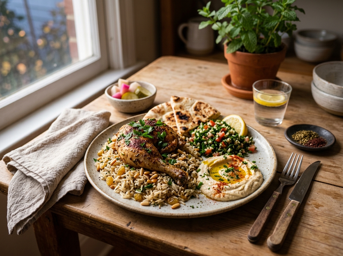 Finished Middle Eastern weeknight meal plated and ready to serve