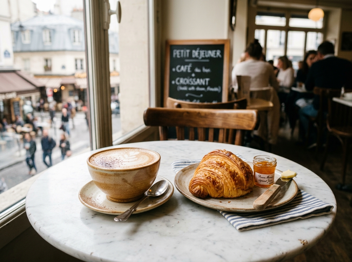Classic French café au lait with fresh croissant on marble table