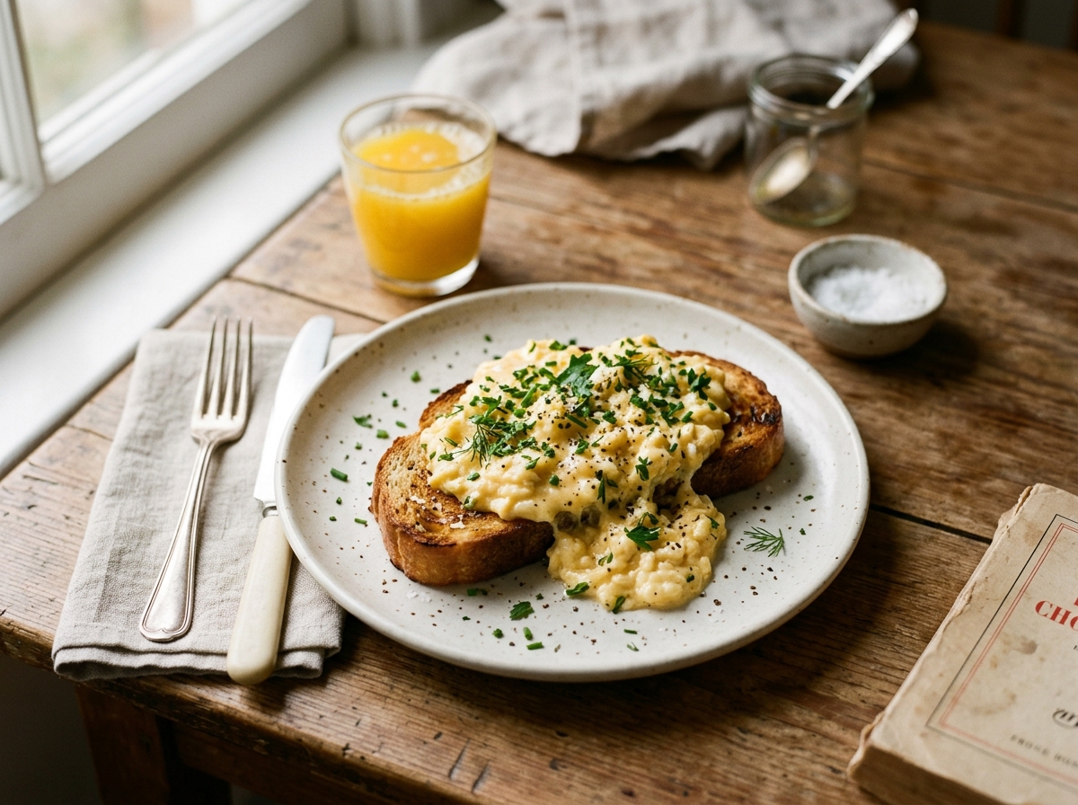Creamy French scrambled eggs on toasted brioche with fresh herbs