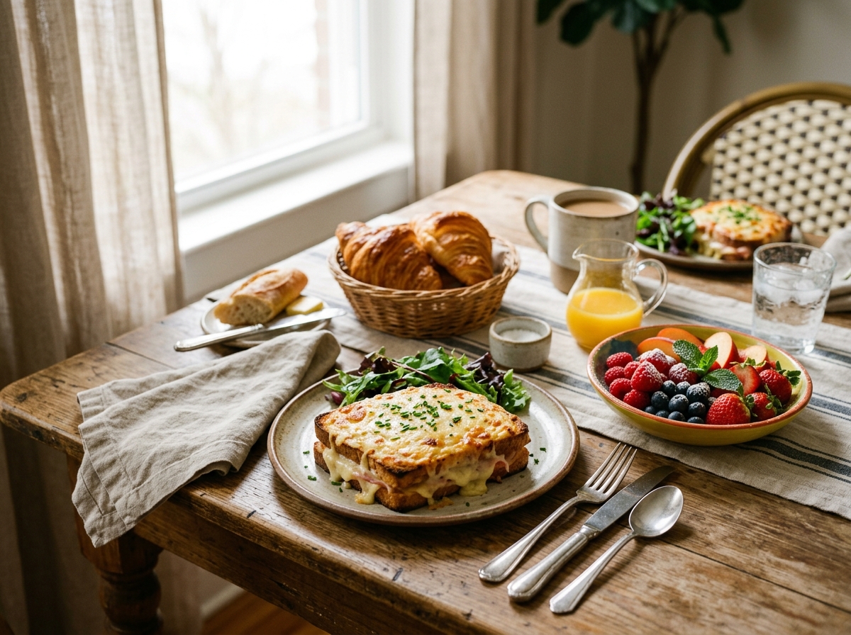 Weekend French brunch spread with croque monsieur and fresh fruit
