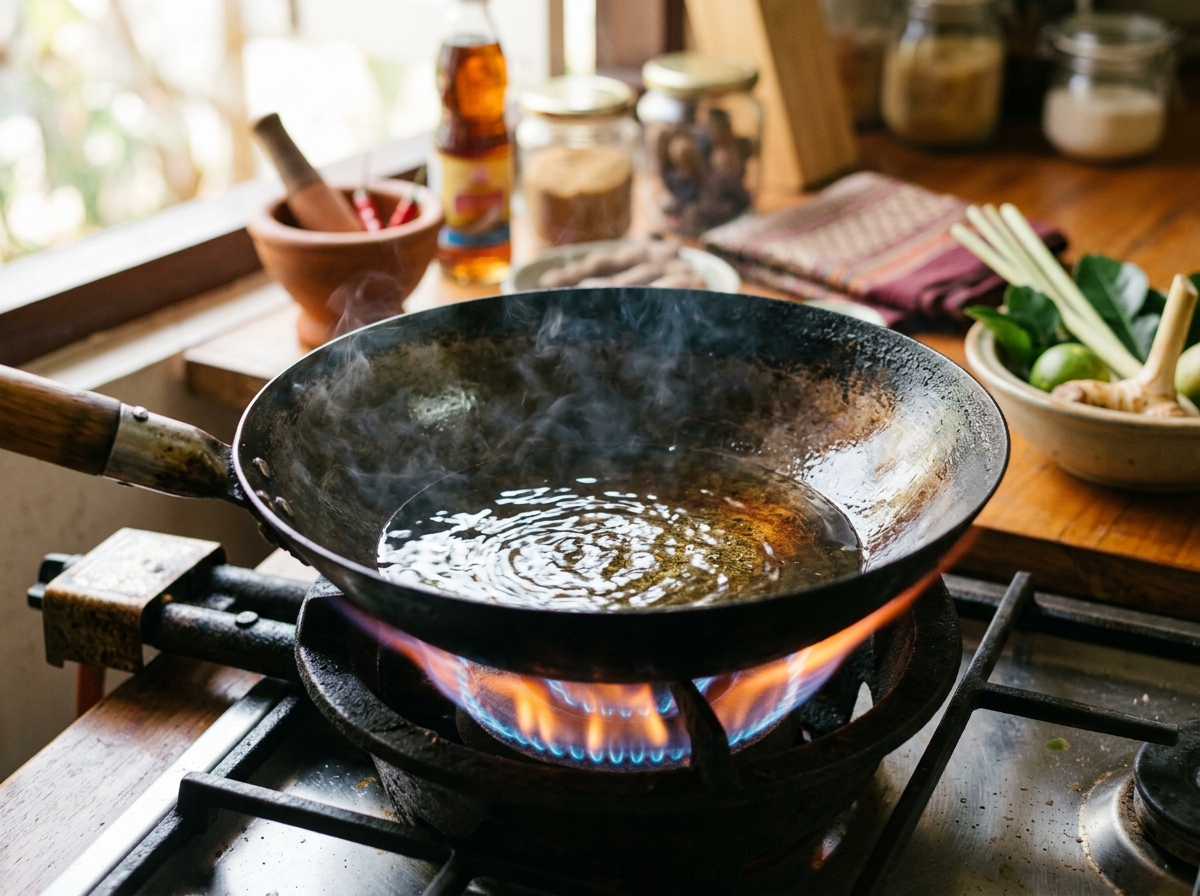 Carbon steel wok heating over high flame with oil shimmering