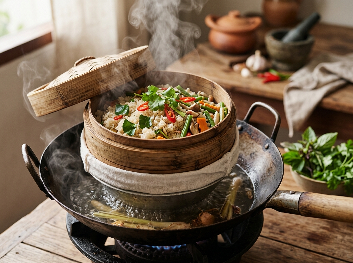 Bamboo steamer with sticky rice and vegetables steaming above wok