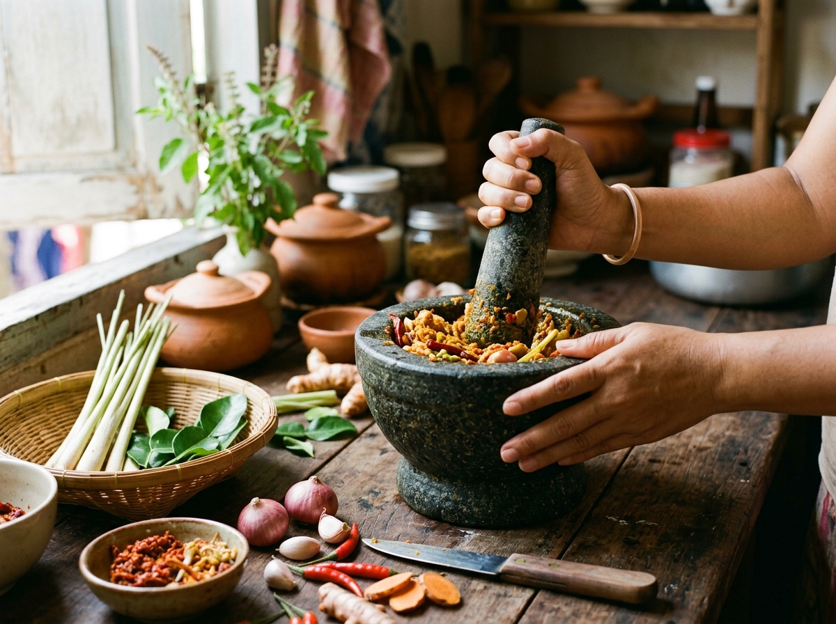 Fresh curry paste ingredients being ground in granite mortar and pestle