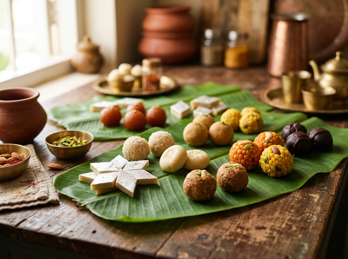 Traditional Indian festival sweets cooling on banana leaves