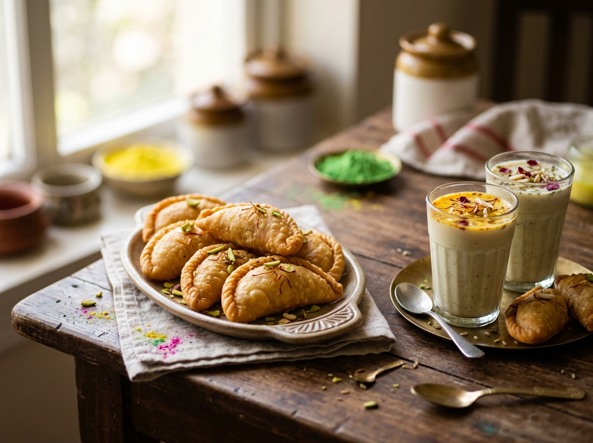 Colorful Holi festival treats including gujiya and glasses of thandai