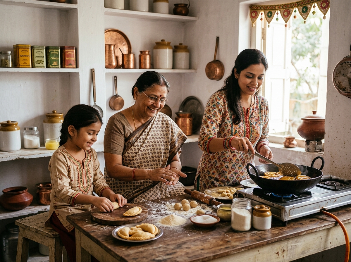 Family preparing festival sweets together in traditional Indian kitchen