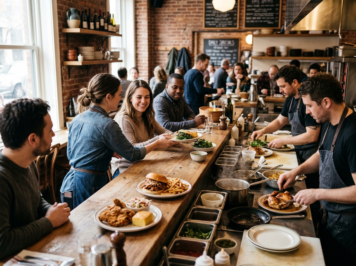 Bustling counter service at a Bib Gourmand restaurant