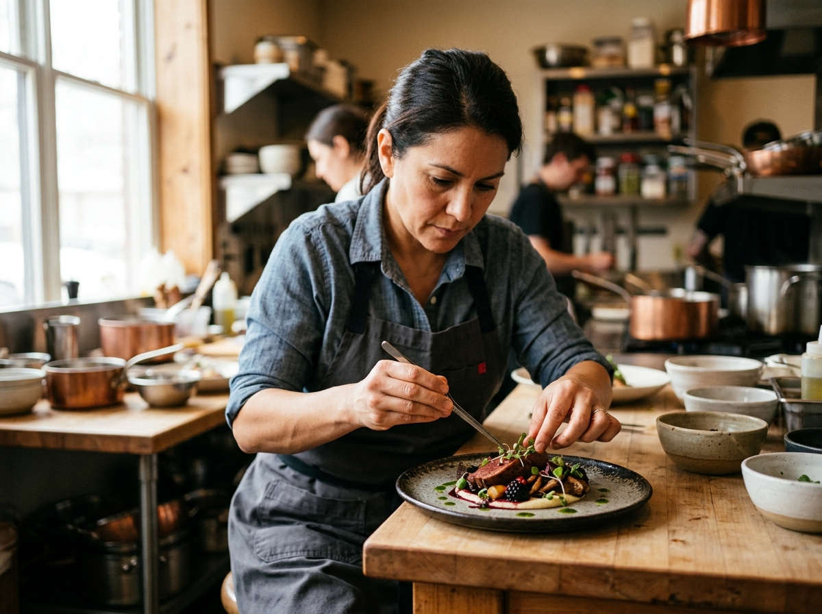 Chef preparing signature dish at acclaimed Bib Gourmand restaurant