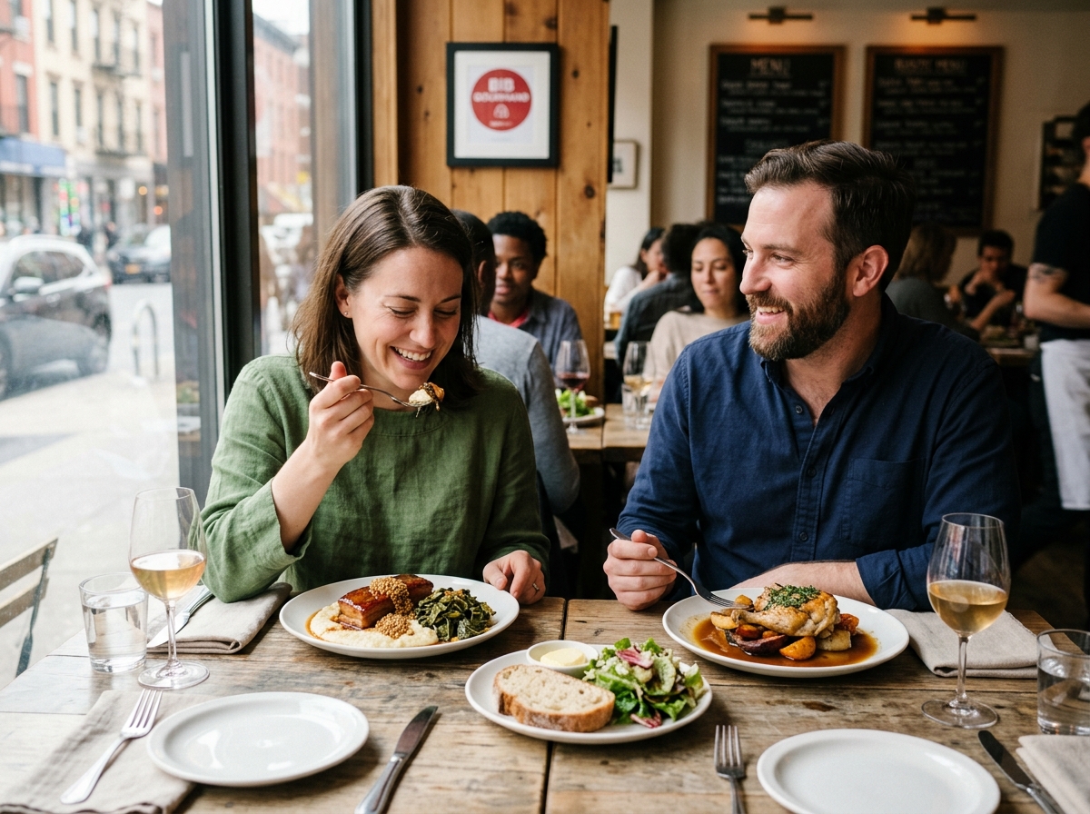 Satisfied diners enjoying affordable gourmet meal at Bib Gourmand restaurant
