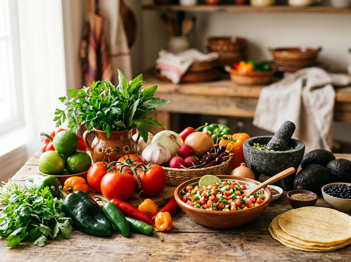 Fresh ingredients for healthy Mexican cooking including peppers, tomatoes, and herbs