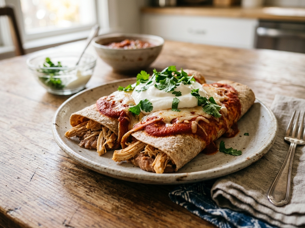Healthy chicken enchiladas topped with fresh cilantro and a dollop of Greek yogurt