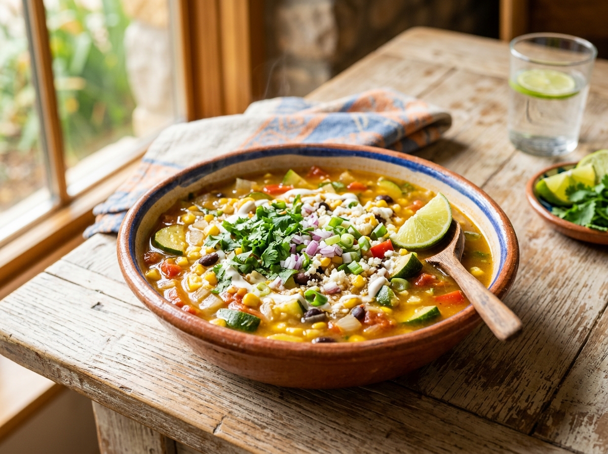 A colorful bowl of zucchini and corn Mexican soup garnished with fresh herbs