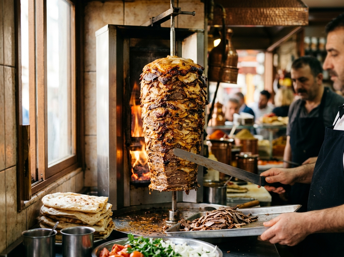 Traditional Turkish döner kebab spinning on vertical rotisserie with golden crispy exterior