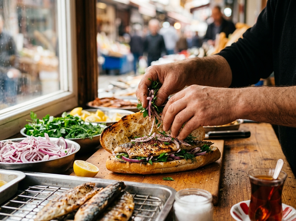 Freshly grilled mackerel being assembled into balık ekmek sandwich with onions and herbs