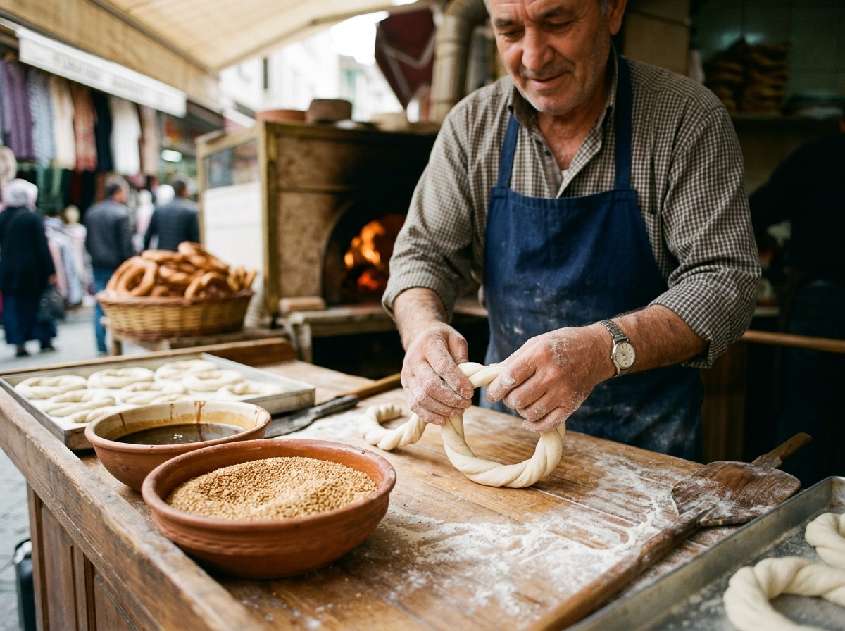 Street vendor's hands shaping fresh simit dough rings before sesame seed coating
